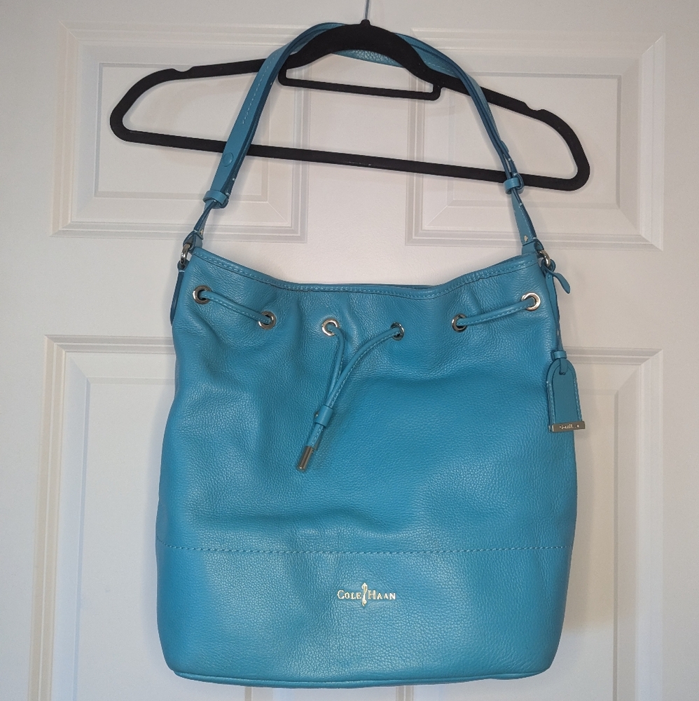 Turquoise Cole Haan Pebbled Leather Shoulder Bucket Bag #230